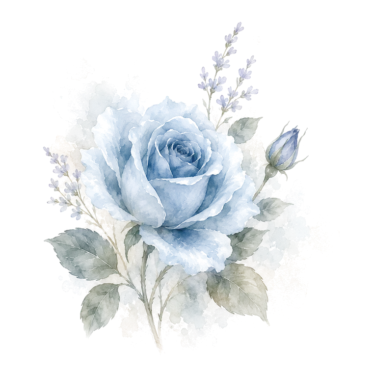 Watercolour painting of an open blue rose with an unopened bud, sage leaves, and lavender